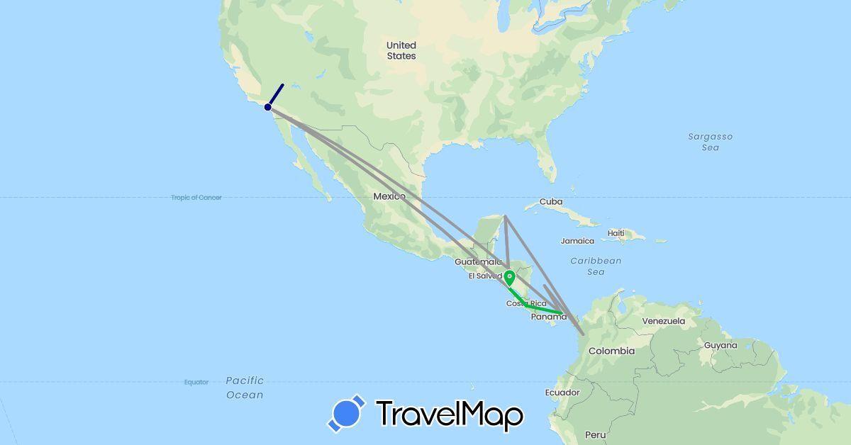 TravelMap itinerary: driving, bus, plane in Colombia, Costa Rica, Mexico, Nicaragua, Panama, United States (North America, South America)